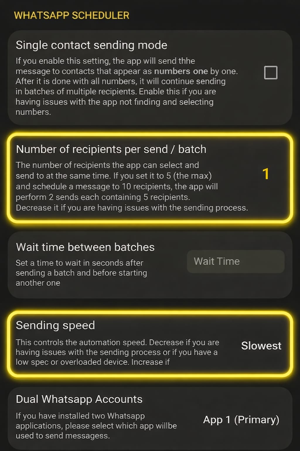 Sending speed and batch settings