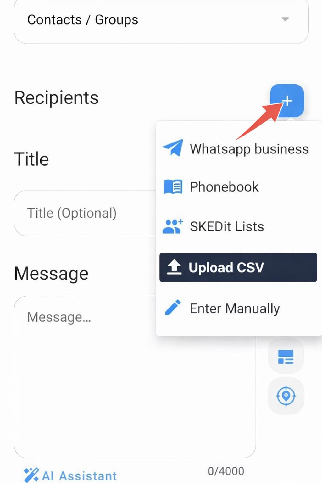 Upload CSV from recipient menu