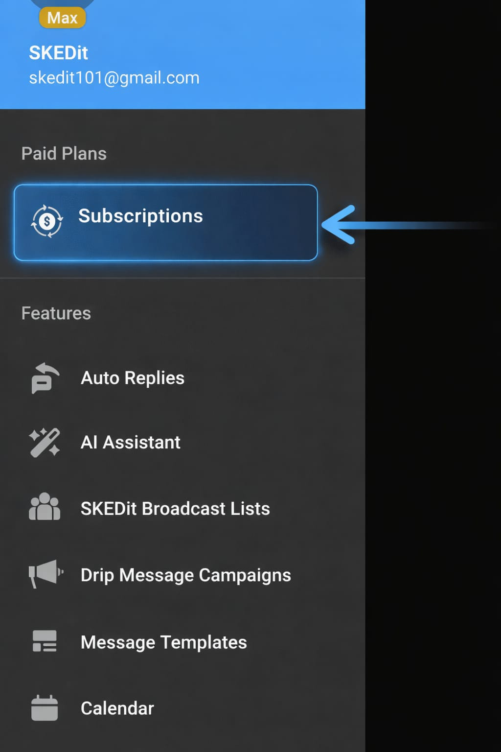 Subscriptions screen