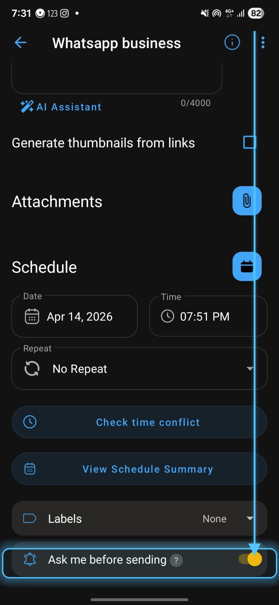 Ask me before sending toggle in scheduling screen