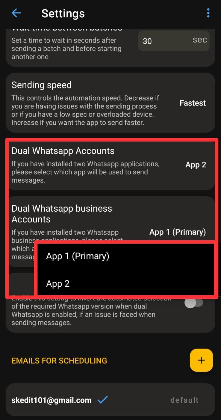 Dual WhatsApp settings