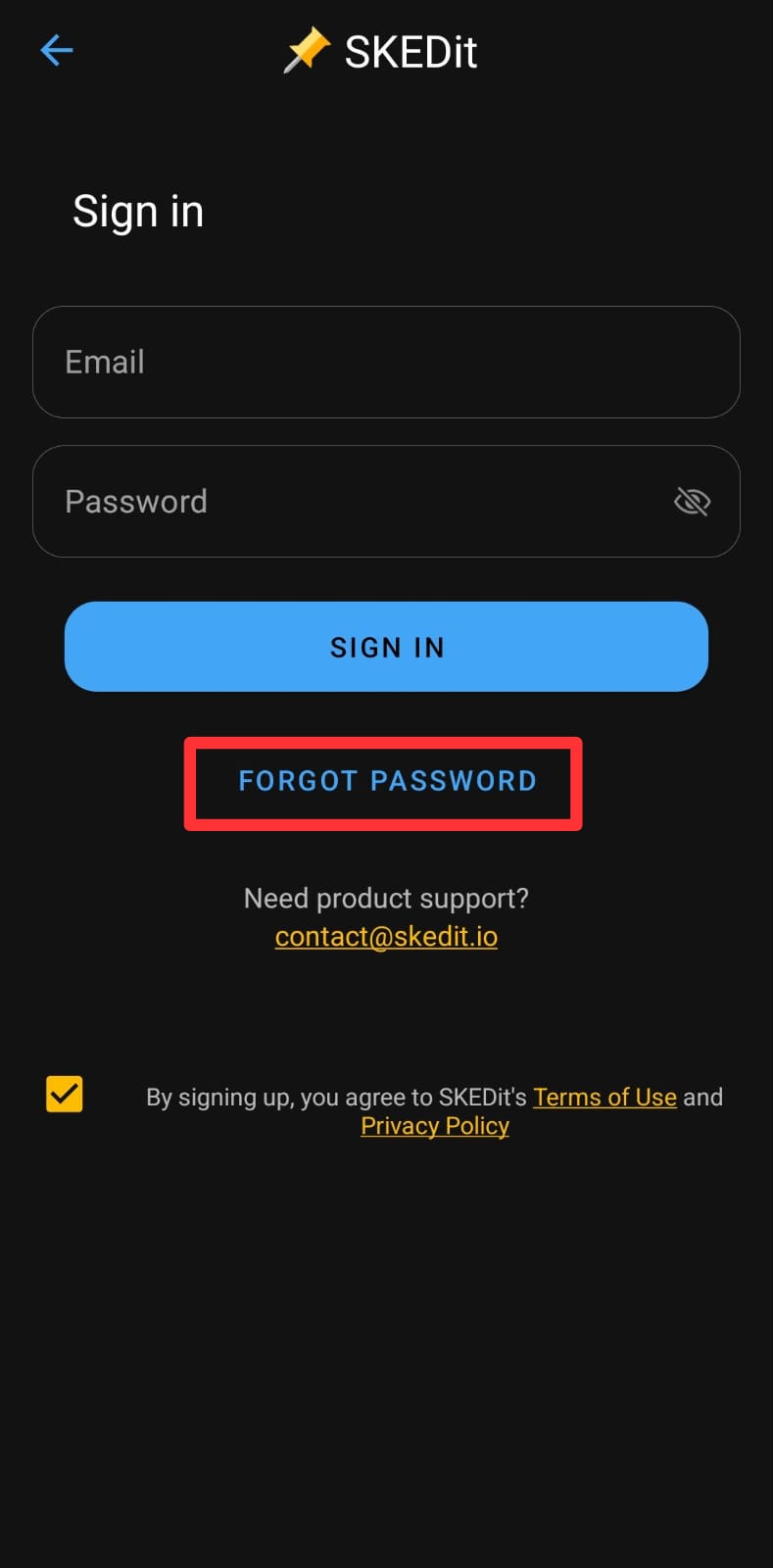 Forgot password screen