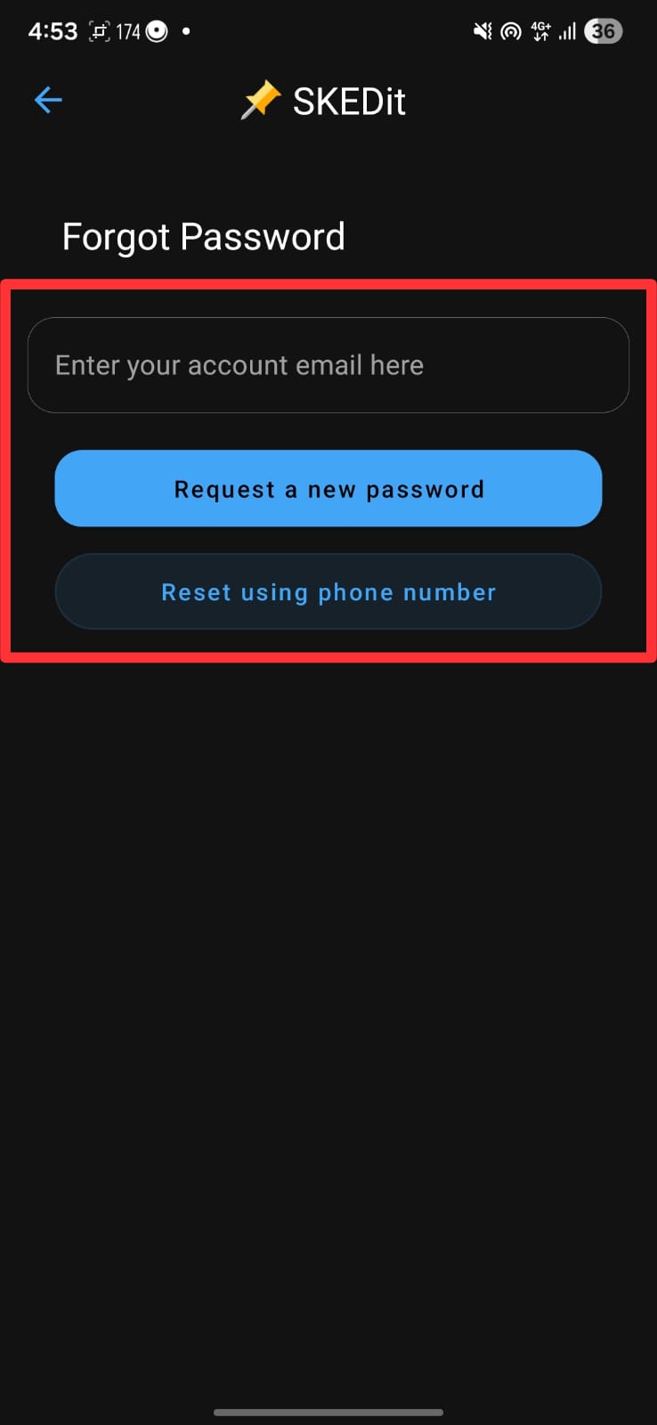 Enter account email screen