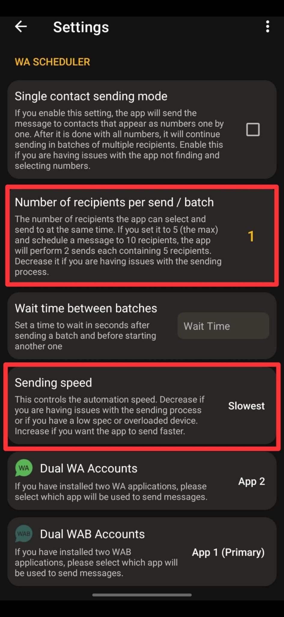 Recipients per batch and sending speed settings
