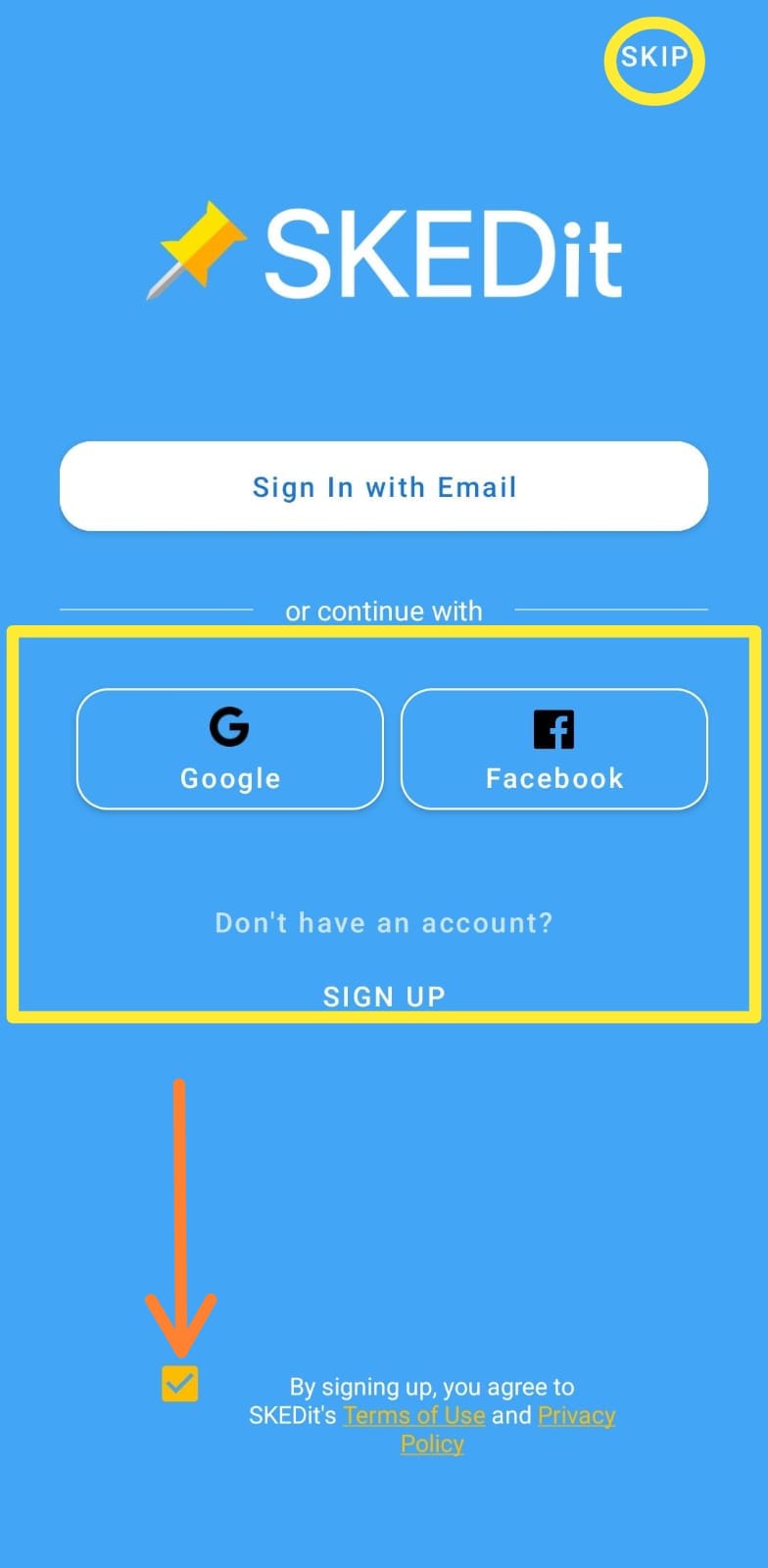 SKEDit first access screen showing Sign In with Email, Google, Facebook, Sign Up, and Skip button.