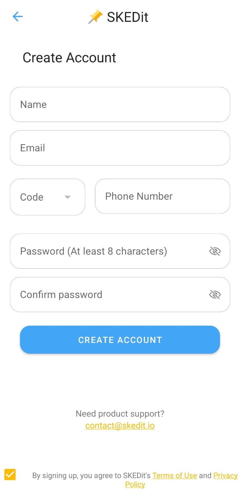 SKEDit manual account creation screen showing name, email, code, phone number, password, and confirm password fields.