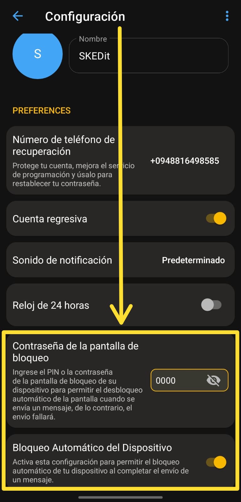 Configuración de contraseña de pantalla de bloqueo y bloqueo automático en SKEDit