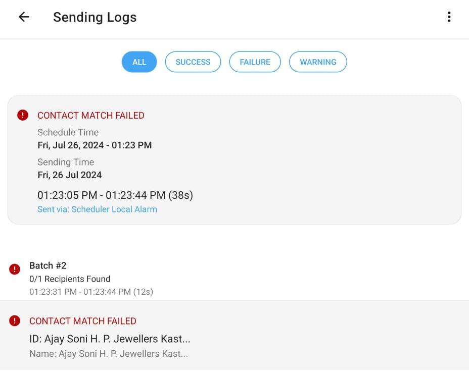 Contact Match Failed log