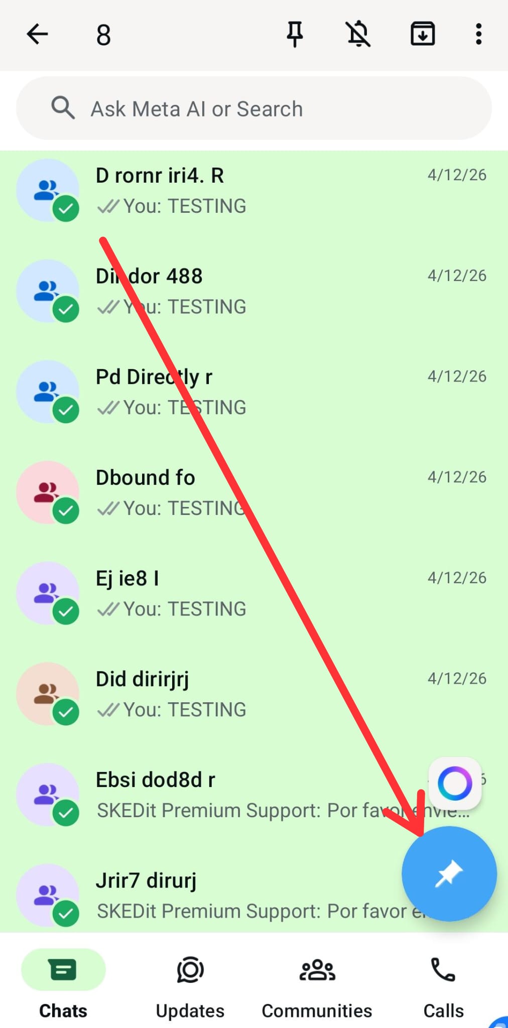 WhatsApp recent chats screen showing the SKEDit blue pin for multiple contact selection.