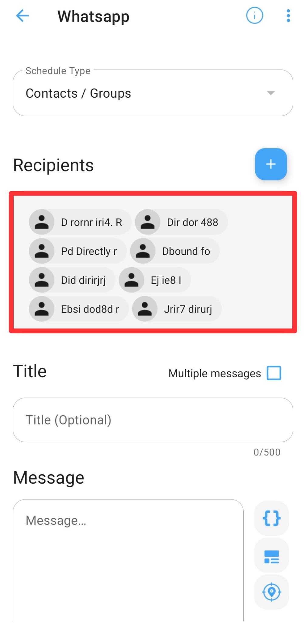 SKEDit scheduling screen showing multiple selected recipients added from WhatsApp recent chats.
