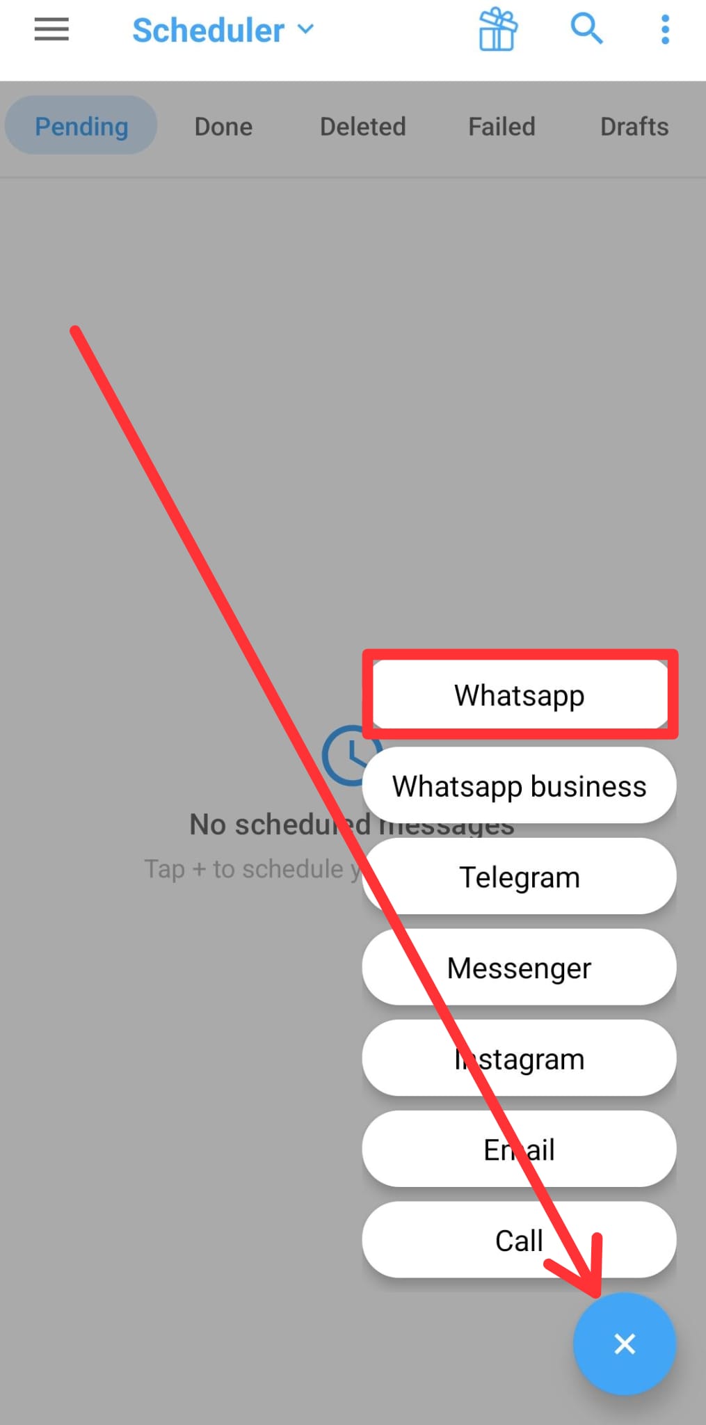 SKEDit home screen showing the plus button and WhatsApp scheduling channel selection.