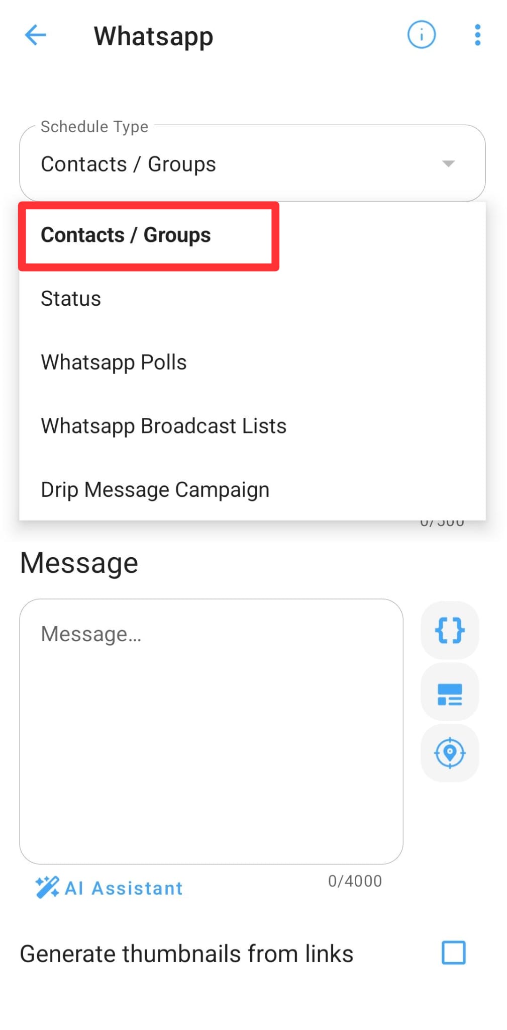 SKEDit WhatsApp scheduling screen showing the schedule type menu set to Contacts and Groups.