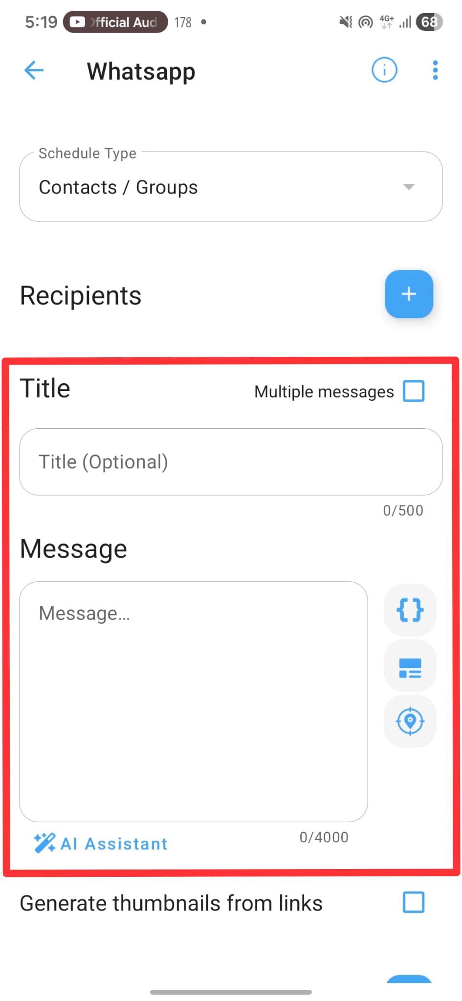 SKEDit scheduling screen showing the title field and message text field.