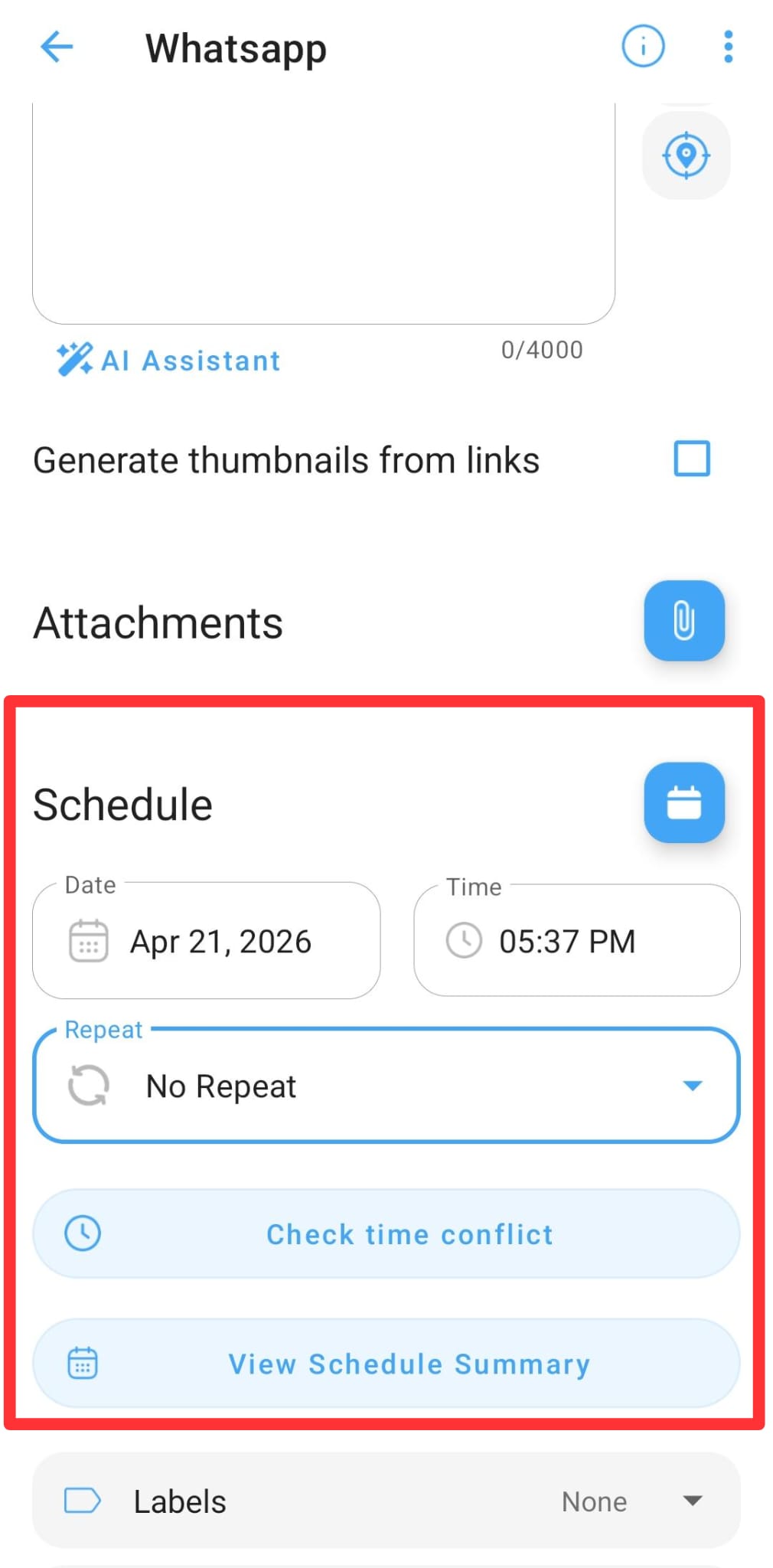 SKEDit schedule section showing date, time, and repeat options for the WhatsApp scheduled message.