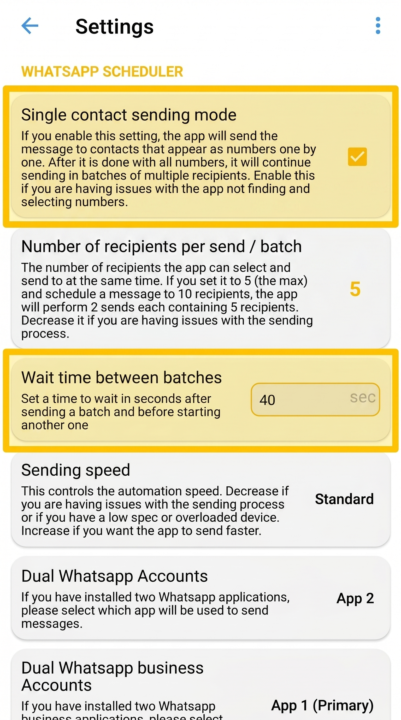 WhatsApp Scheduler settings — Single contact sending mode and Wait time between batches