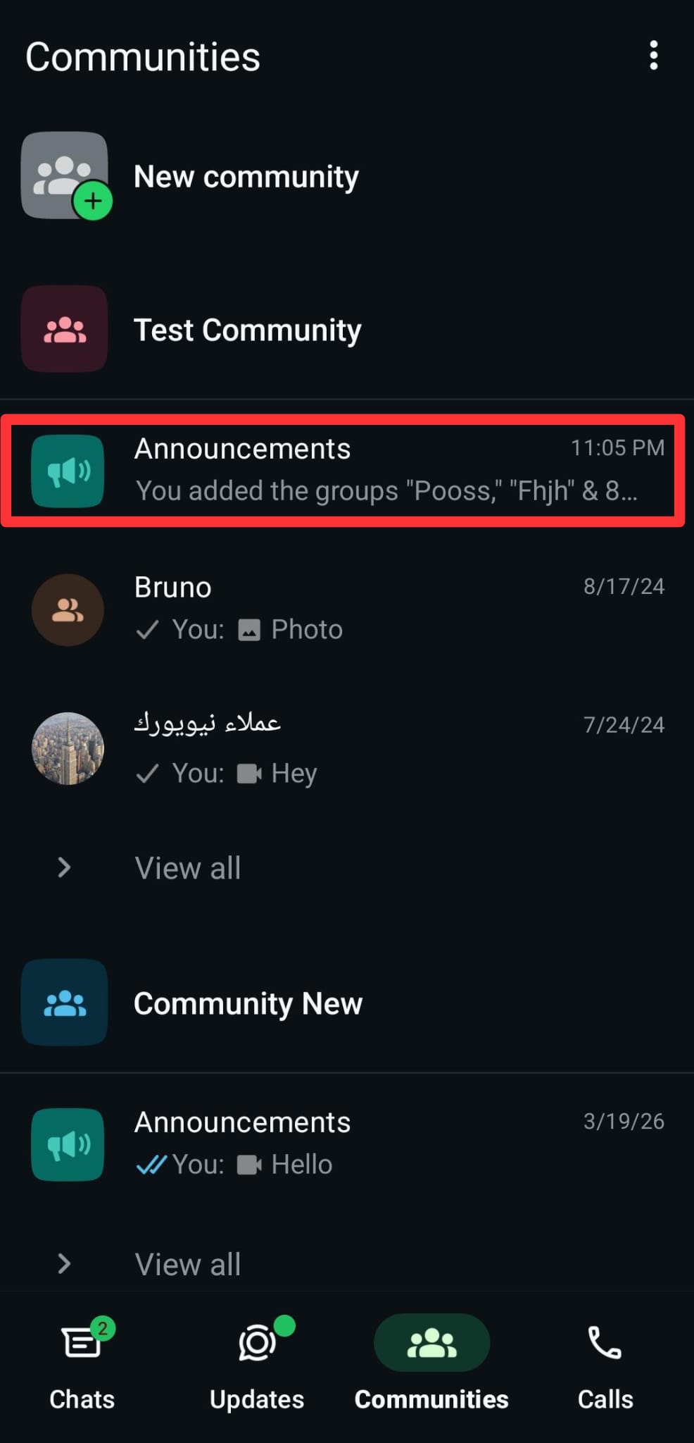 Tap on Announcements to select the community