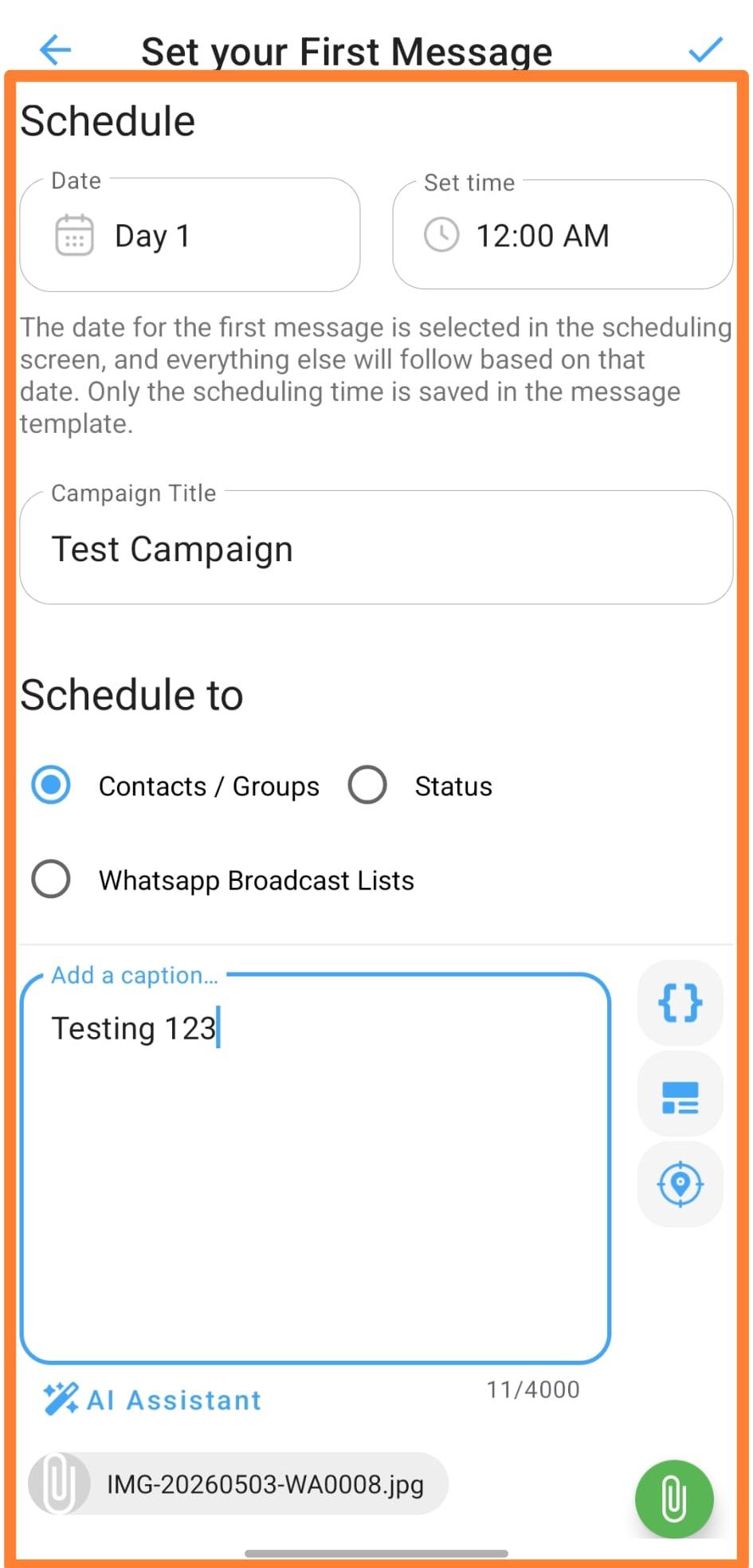 Set your First Message — full configuration form