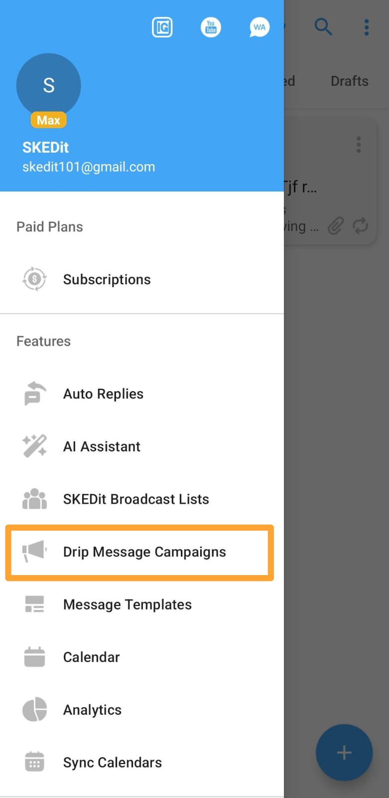 SKEDit menu — Drip Message Campaigns option