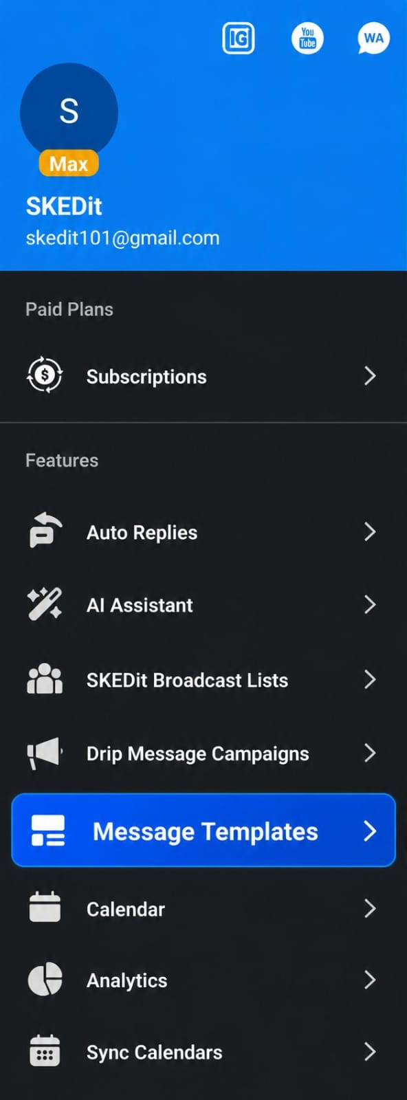SKEDit menu — Message Templates option