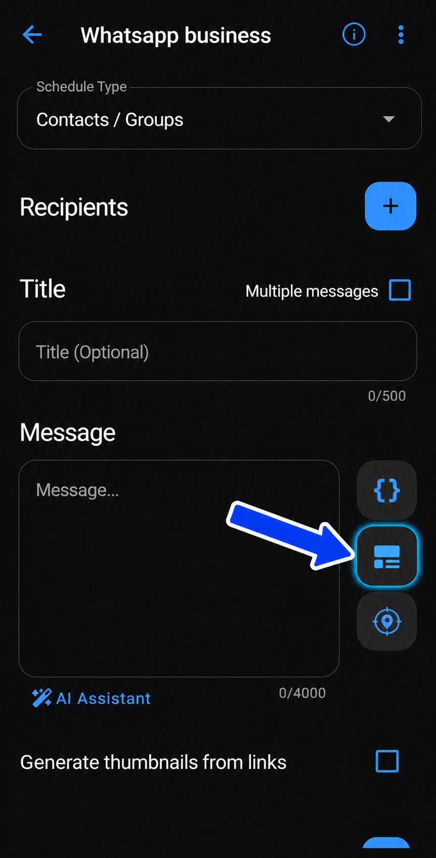 Scheduling screen — template button next to the Message field