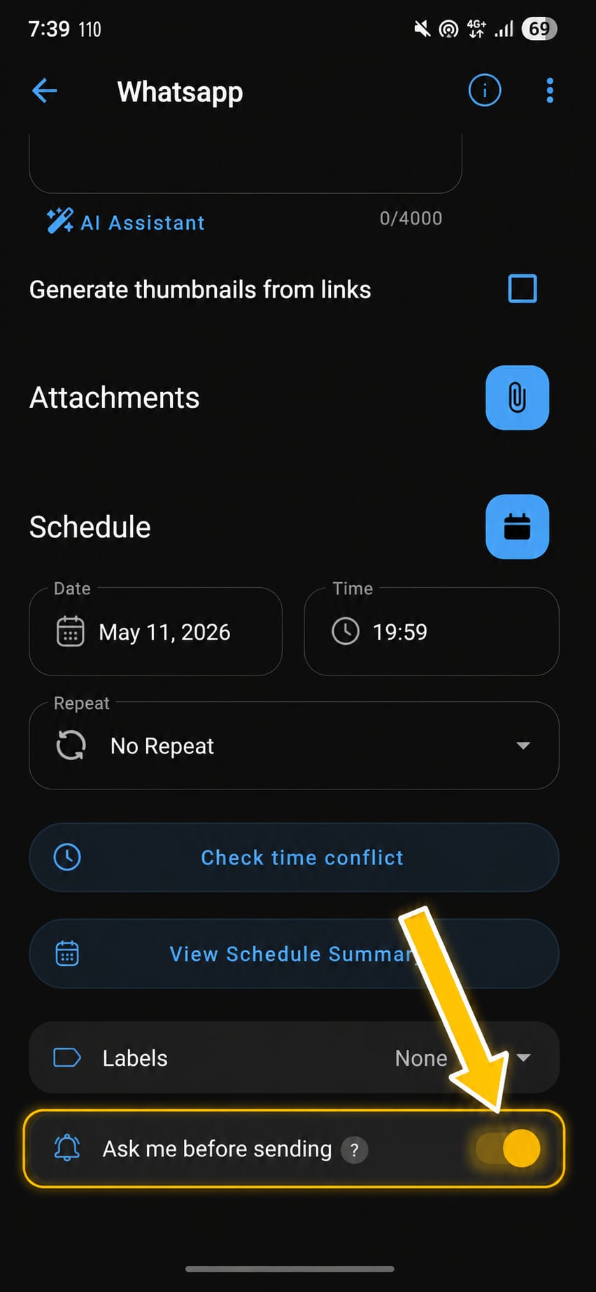 Scheduling screen with Ask Me Before Sending toggle highlighted