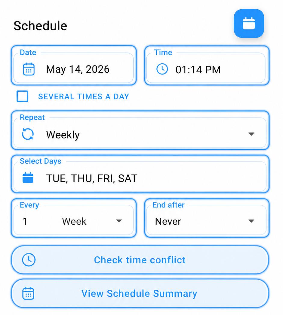 Schedule section with date, time, and repeat options