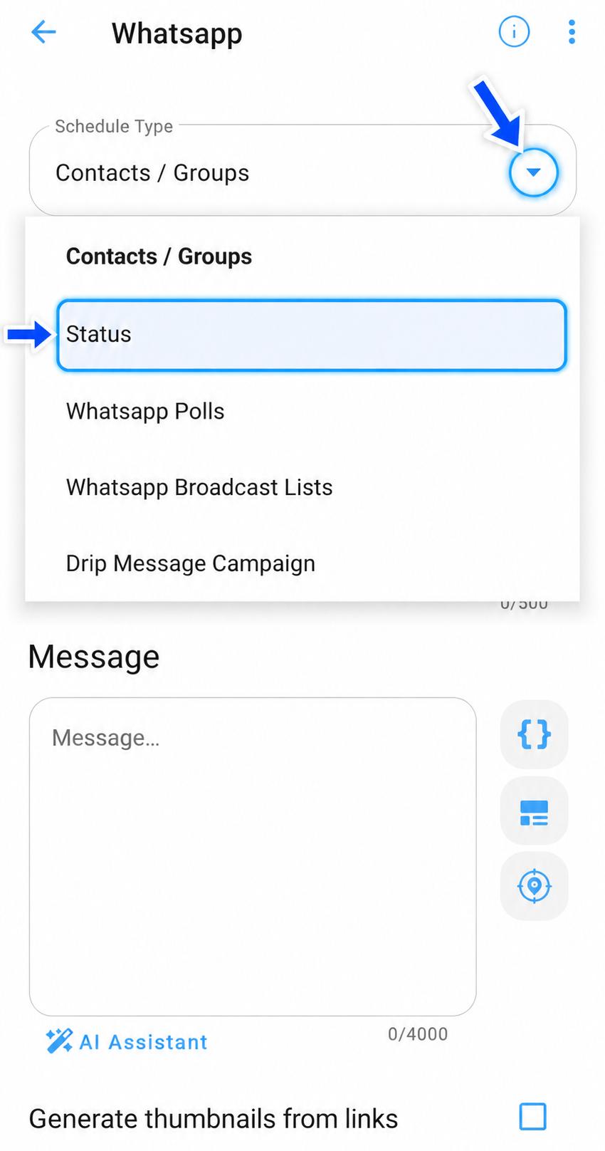 Schedule Type dropdown — Status option