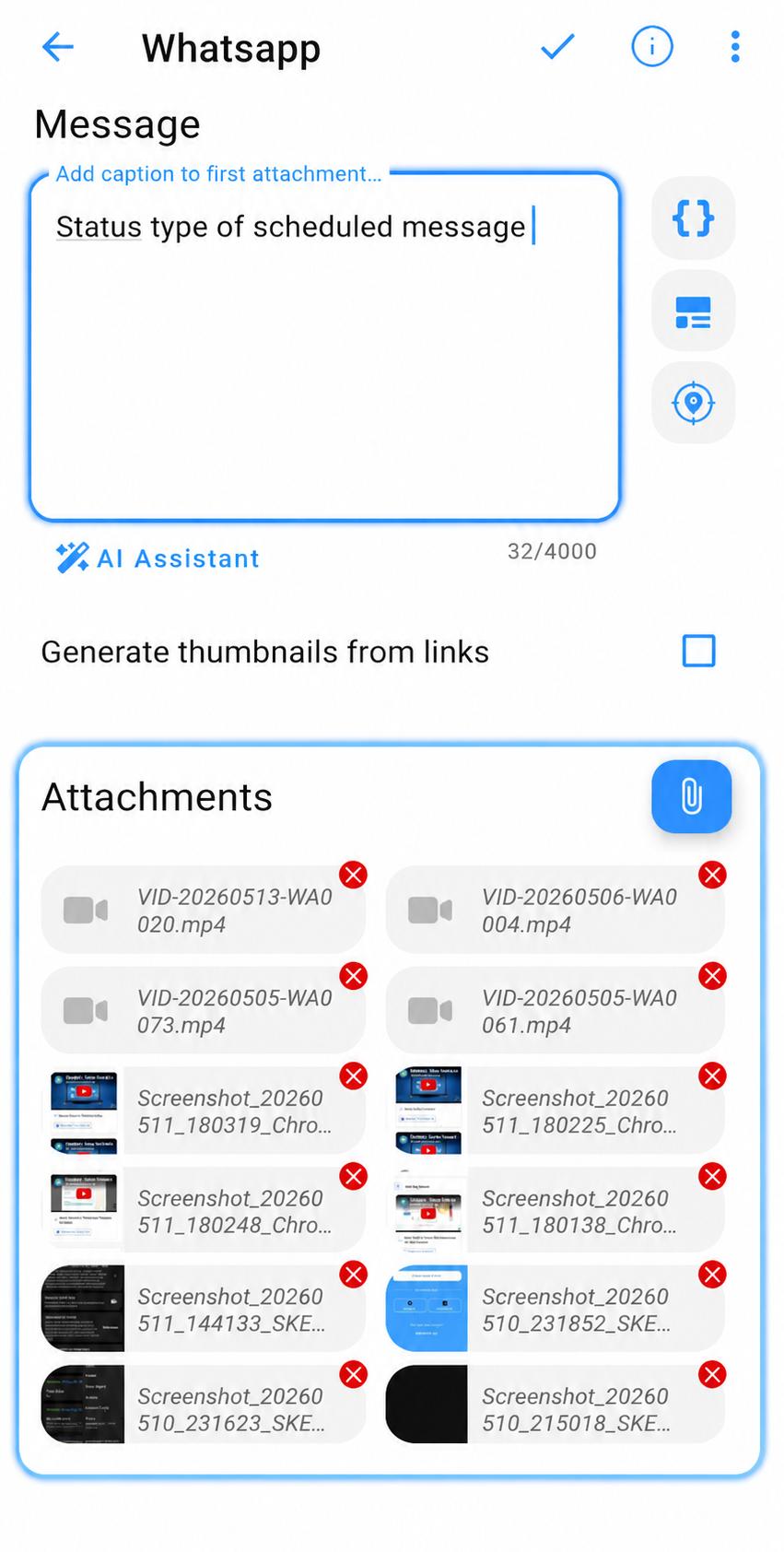 Message field with text and attachments added