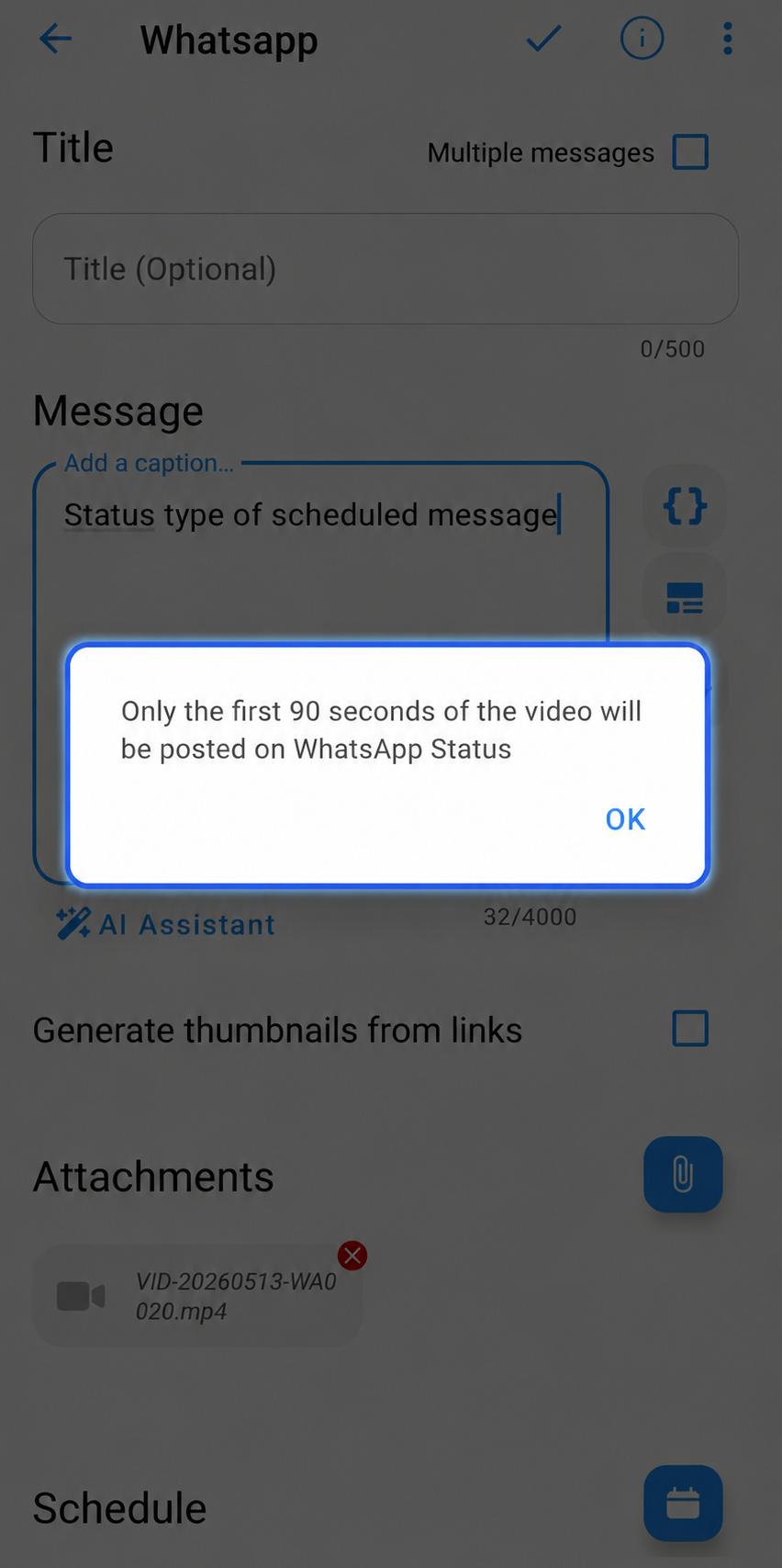 WhatsApp 90 second video length warning dialog