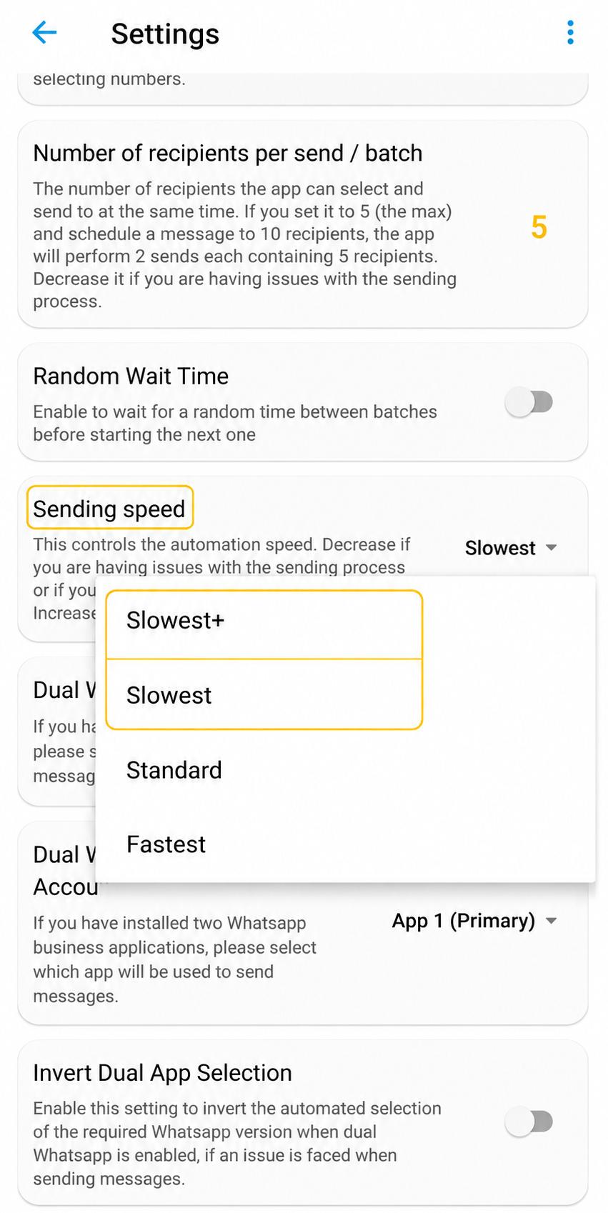 Settings — Sending speed with Slowest and Slowest+ options