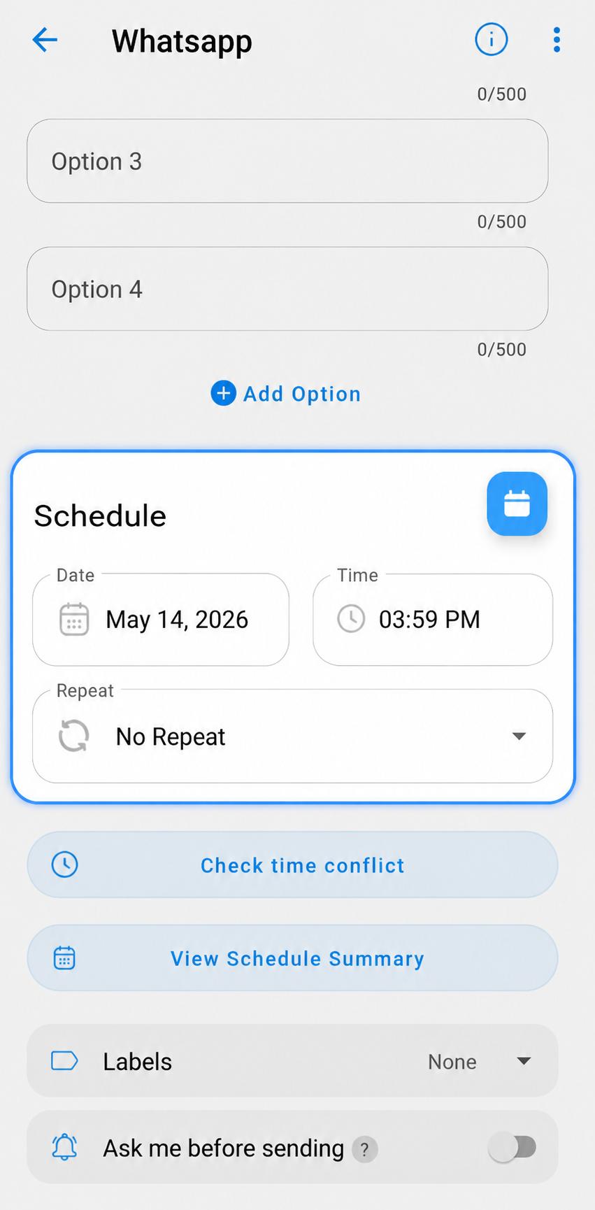 Schedule section with date, time, and repeat