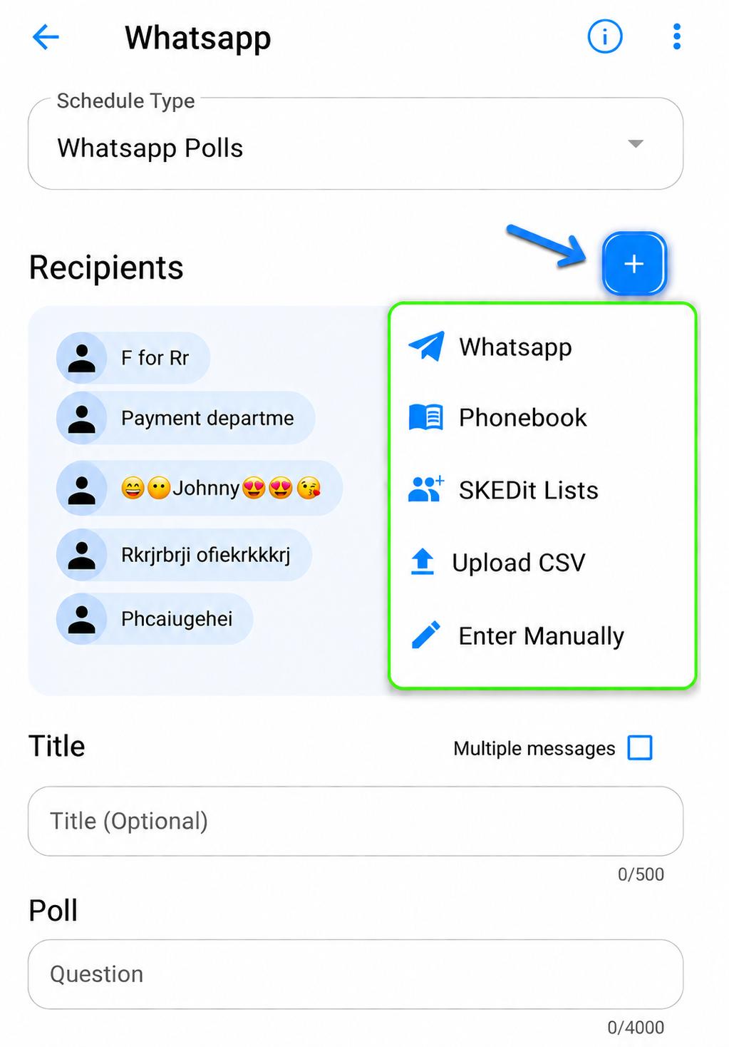 Recipients (+) button with selection method menu