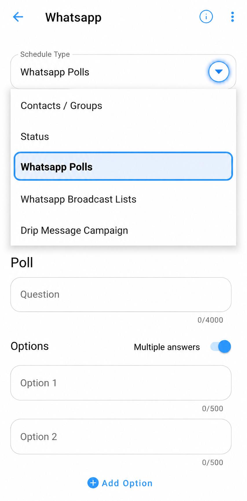 Schedule Type dropdown — WhatsApp Polls selected