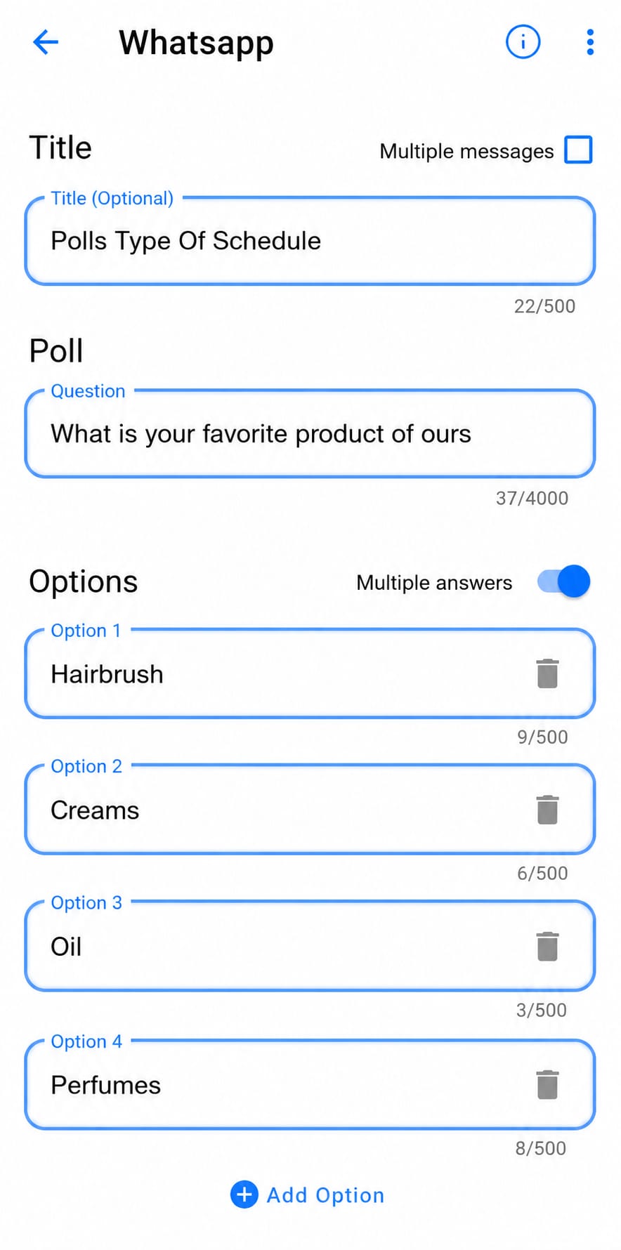 Poll with title, question, and four answer options filled in