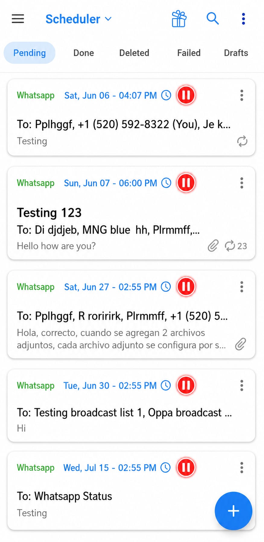 Pending tab showing scheduled messages with red pause icons