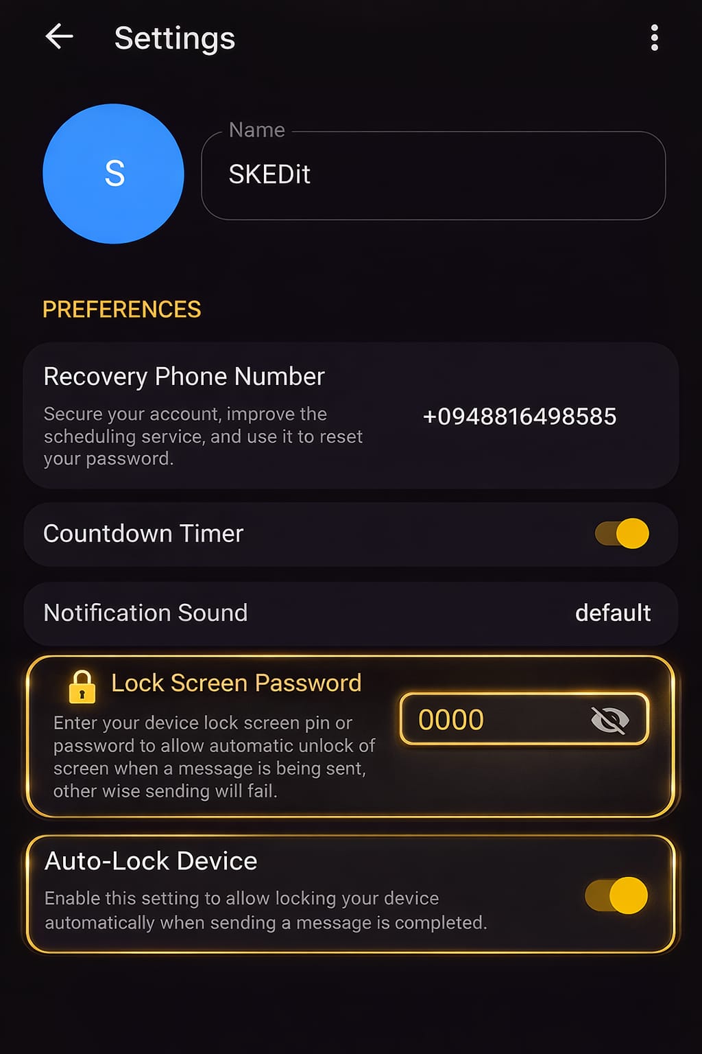 Configurações de senha de bloqueio de tela e bloqueio automático do SKEDit