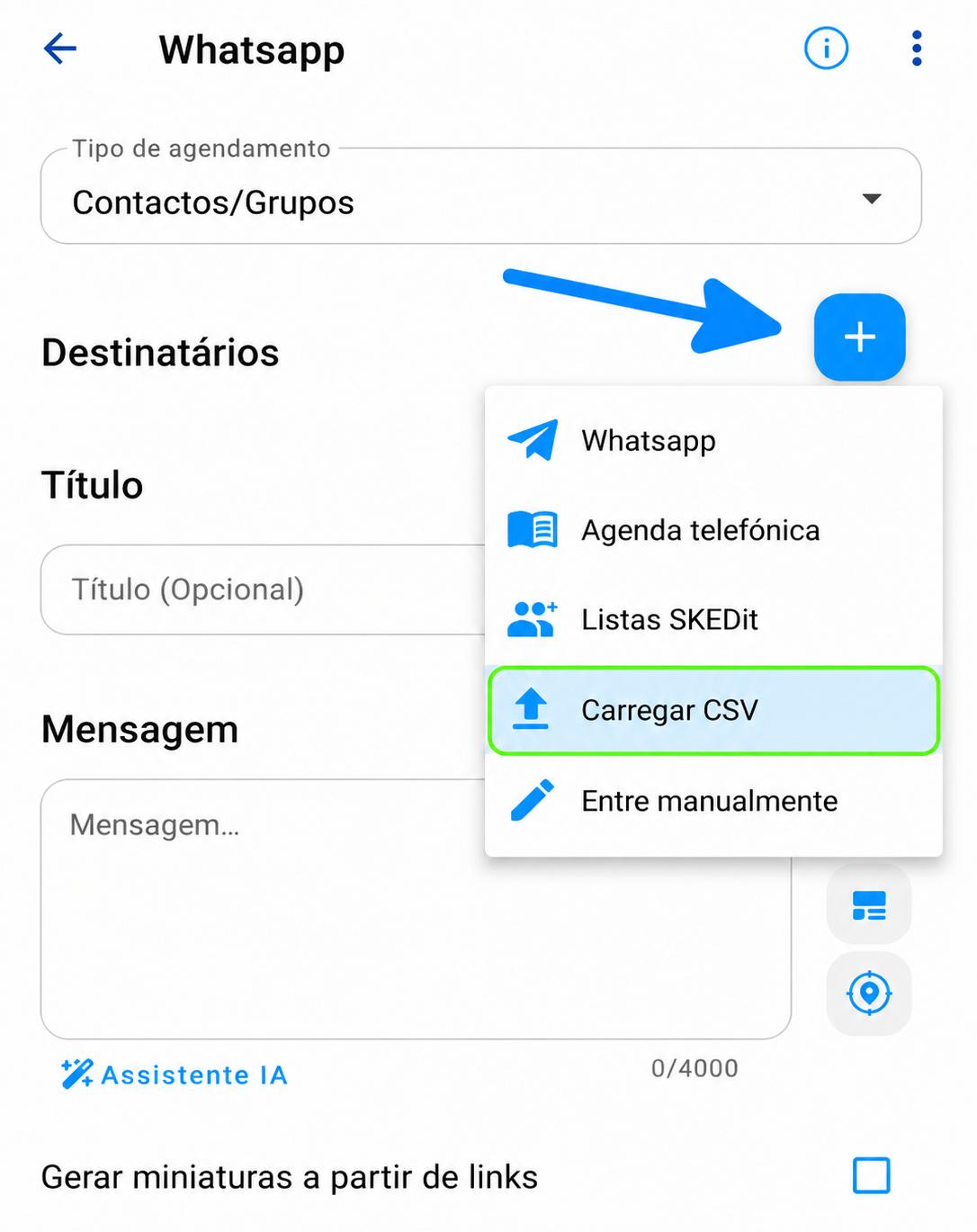 Carregar CSV a partir do menu de destinatários
