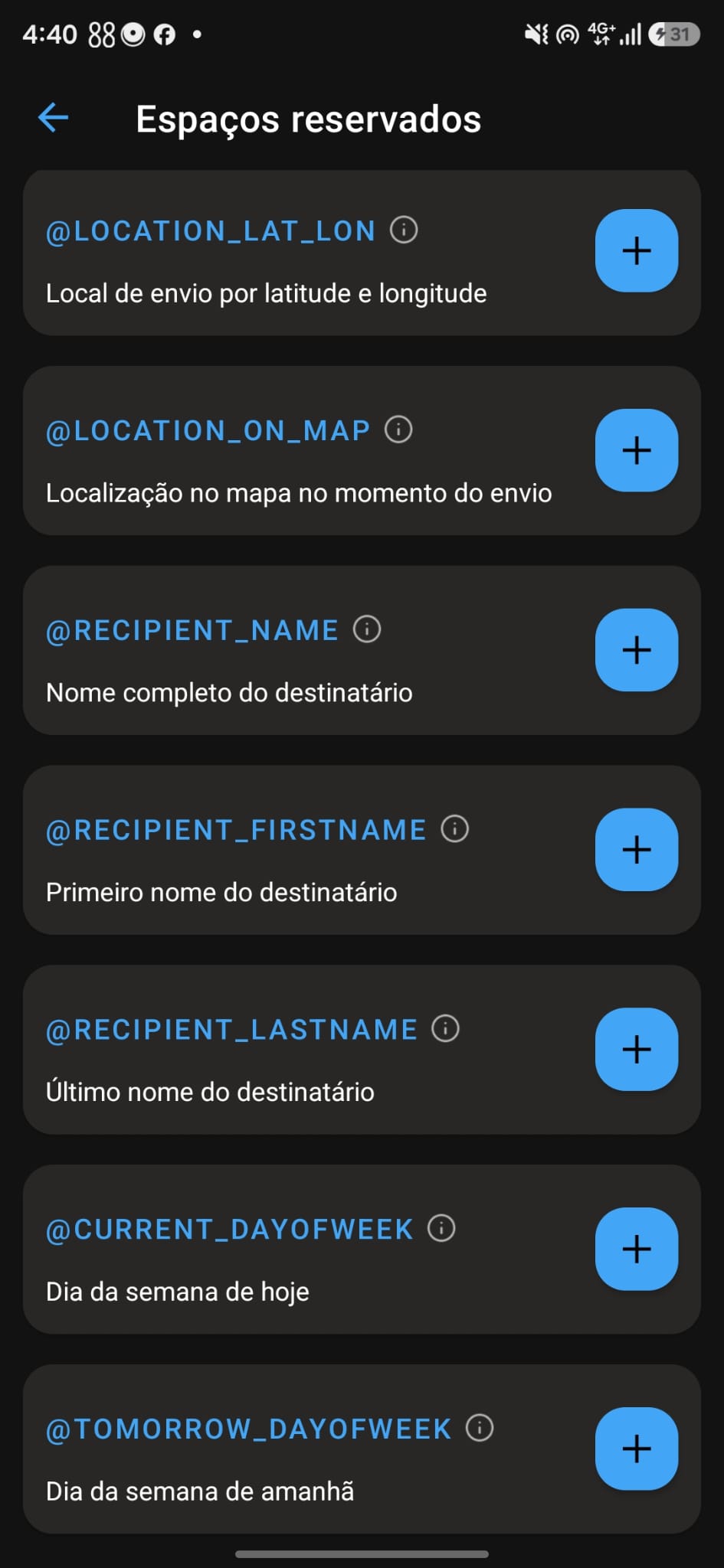 Lista de espaços reservados do SKEDit mostrando opções de destinatário e dia.
