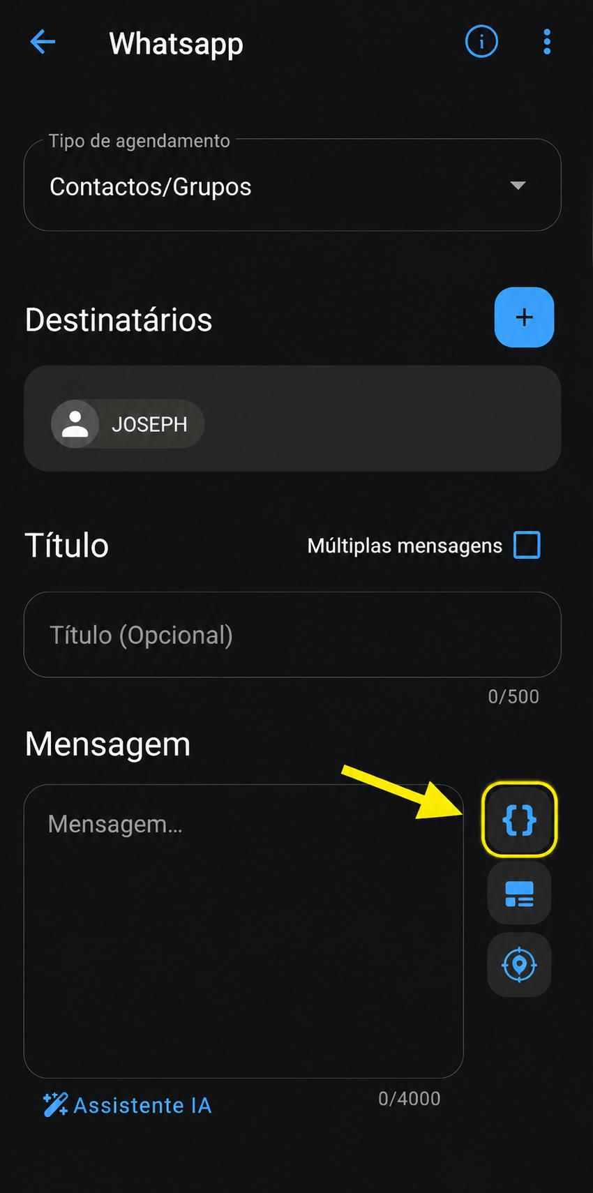 Tela de agendamento do SKEDit mostrando o ícone de espaço reservado dentro do campo da mensagem.
