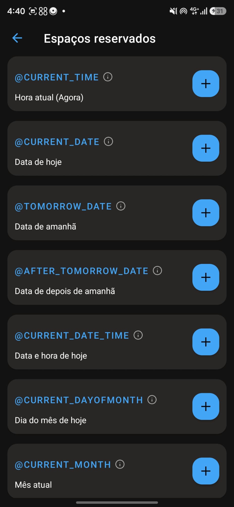 Lista de espaços reservados do SKEDit mostrando opções de hora e data.
