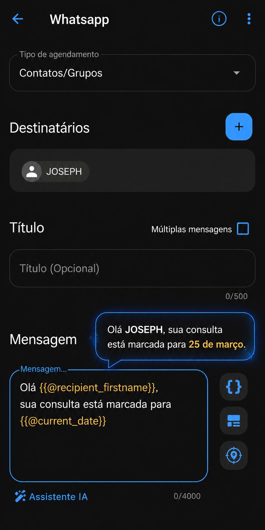 Exemplo de mensagem do SKEDit mostrando valores de espaços reservados substituídos por informações reais de destinatário e data.