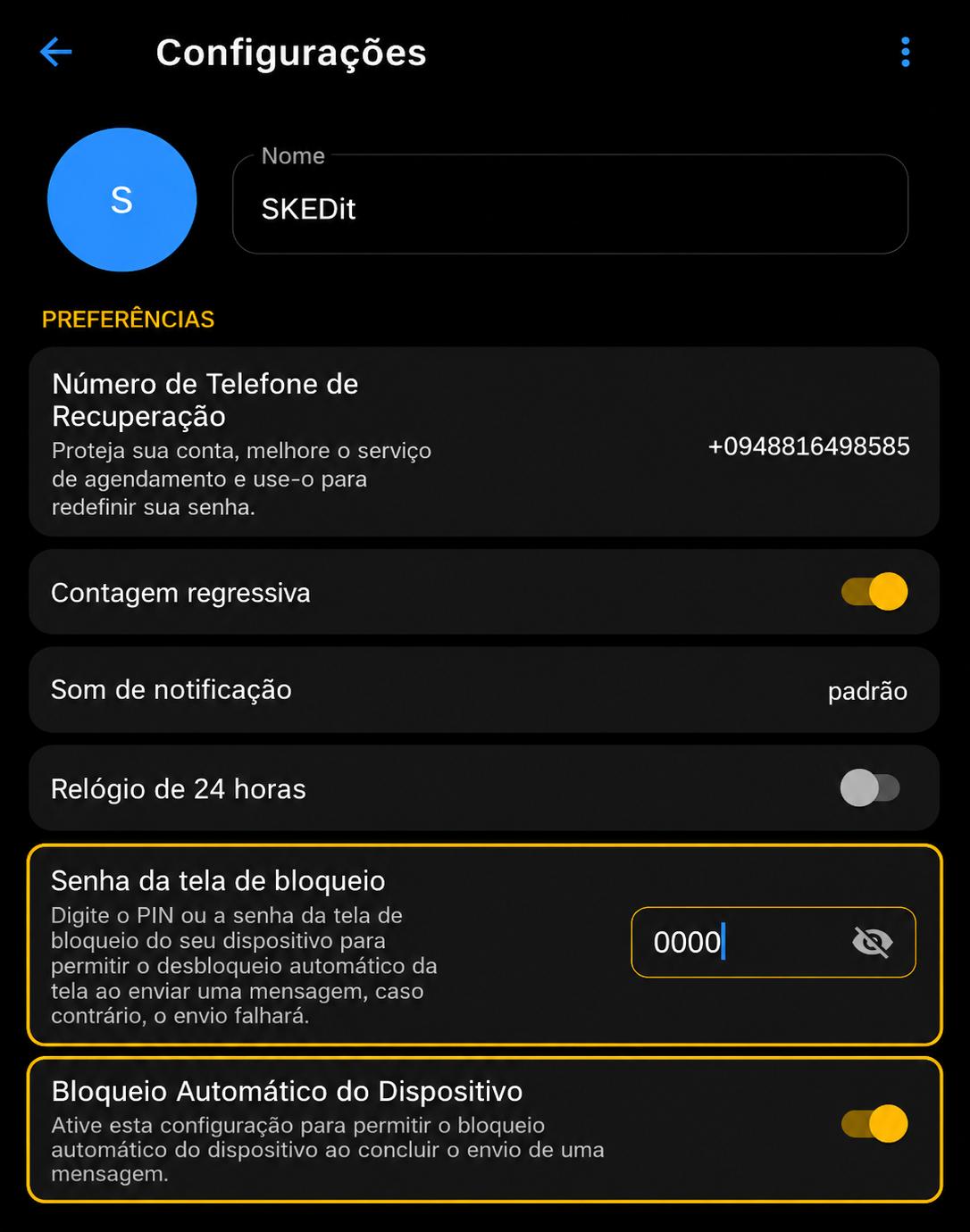 Configurações de senha de bloqueio de tela e bloqueio automático do SKEDit