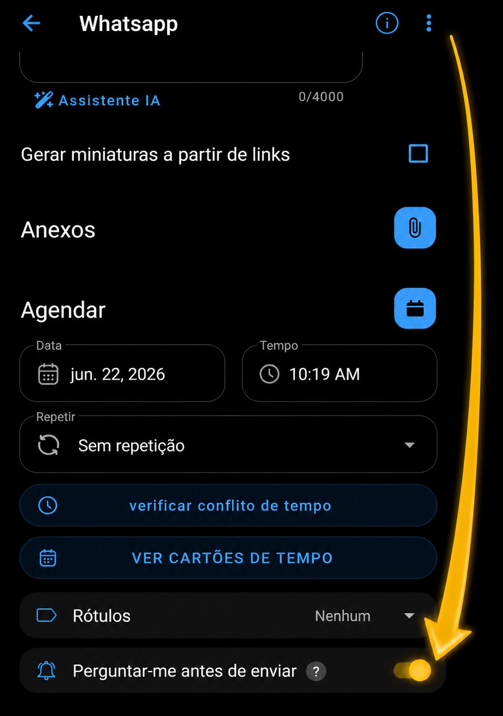 Botão Perguntar antes de enviar na tela de agendamento