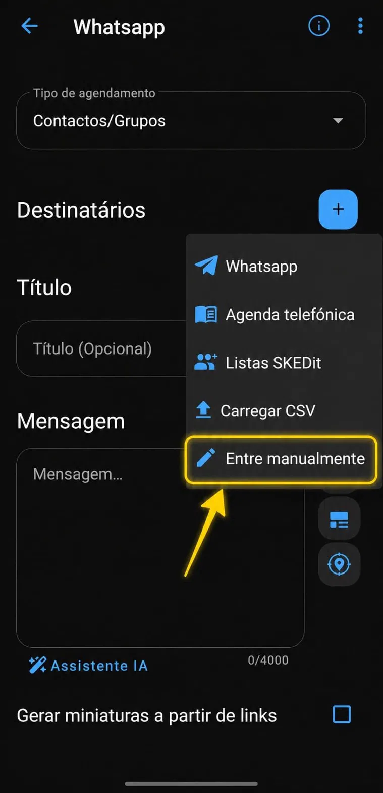 Opção Entre manualmente na seleção de destinatário