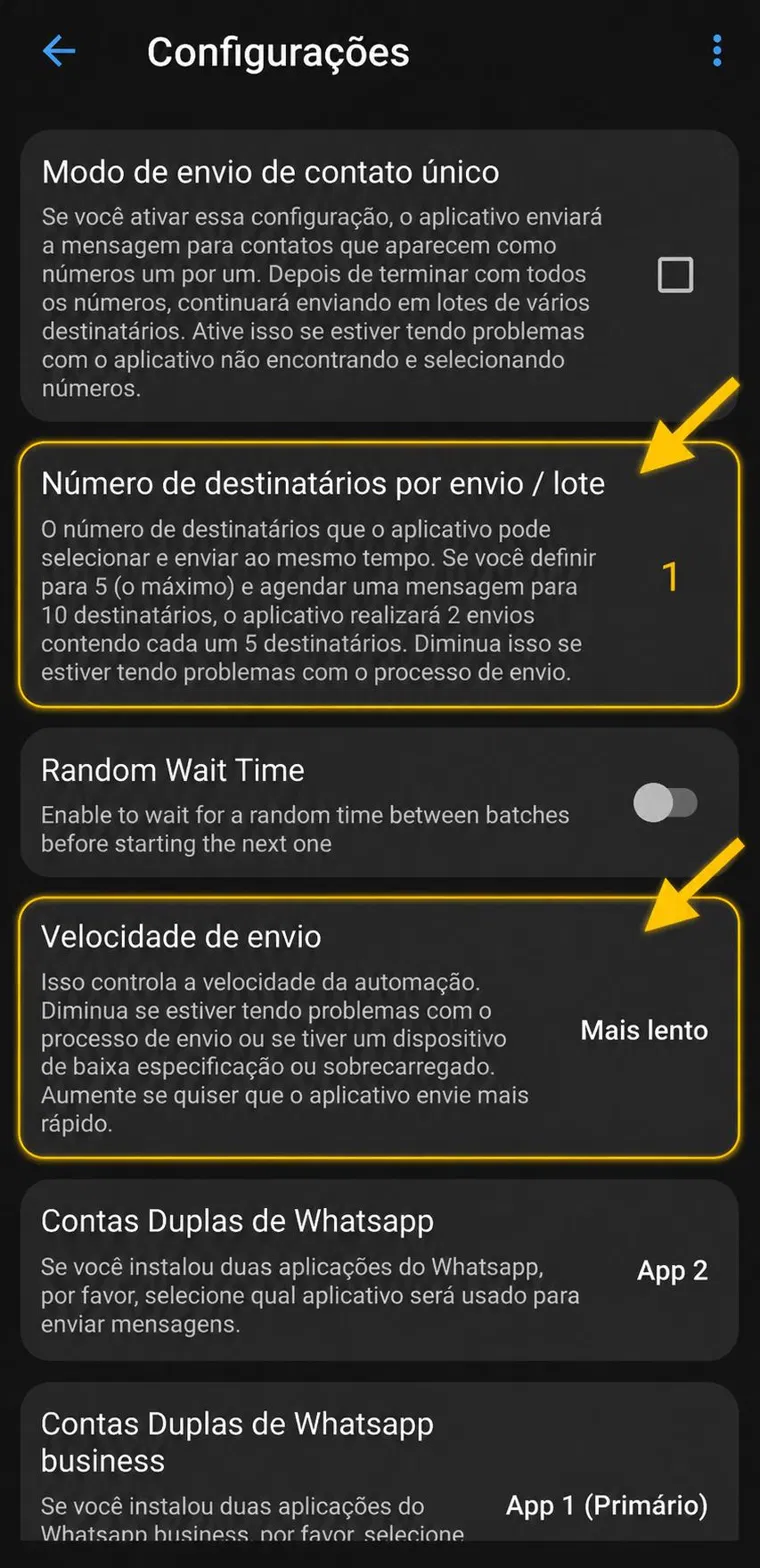 Configurações de velocidade de envio e lote