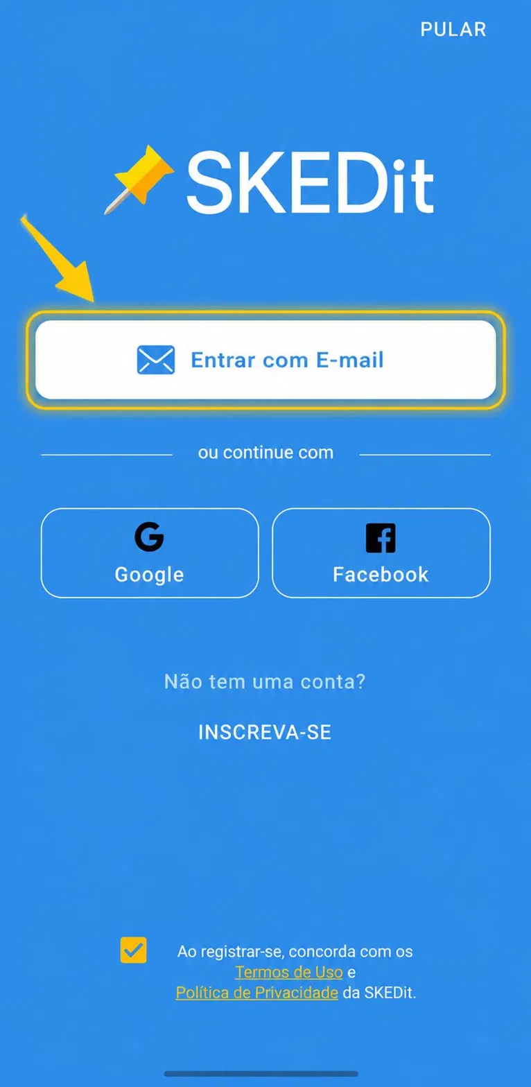 Tela de boas-vindas com botão Entrar com E-mail