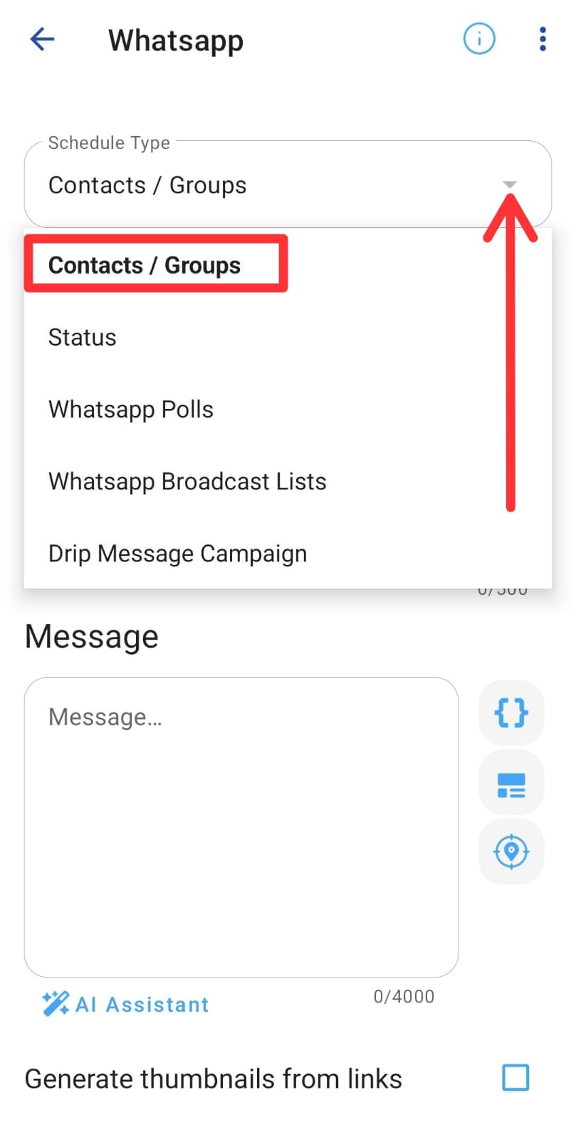Schedule Type dropdown menu with the Contacts / Groups option highlighted.