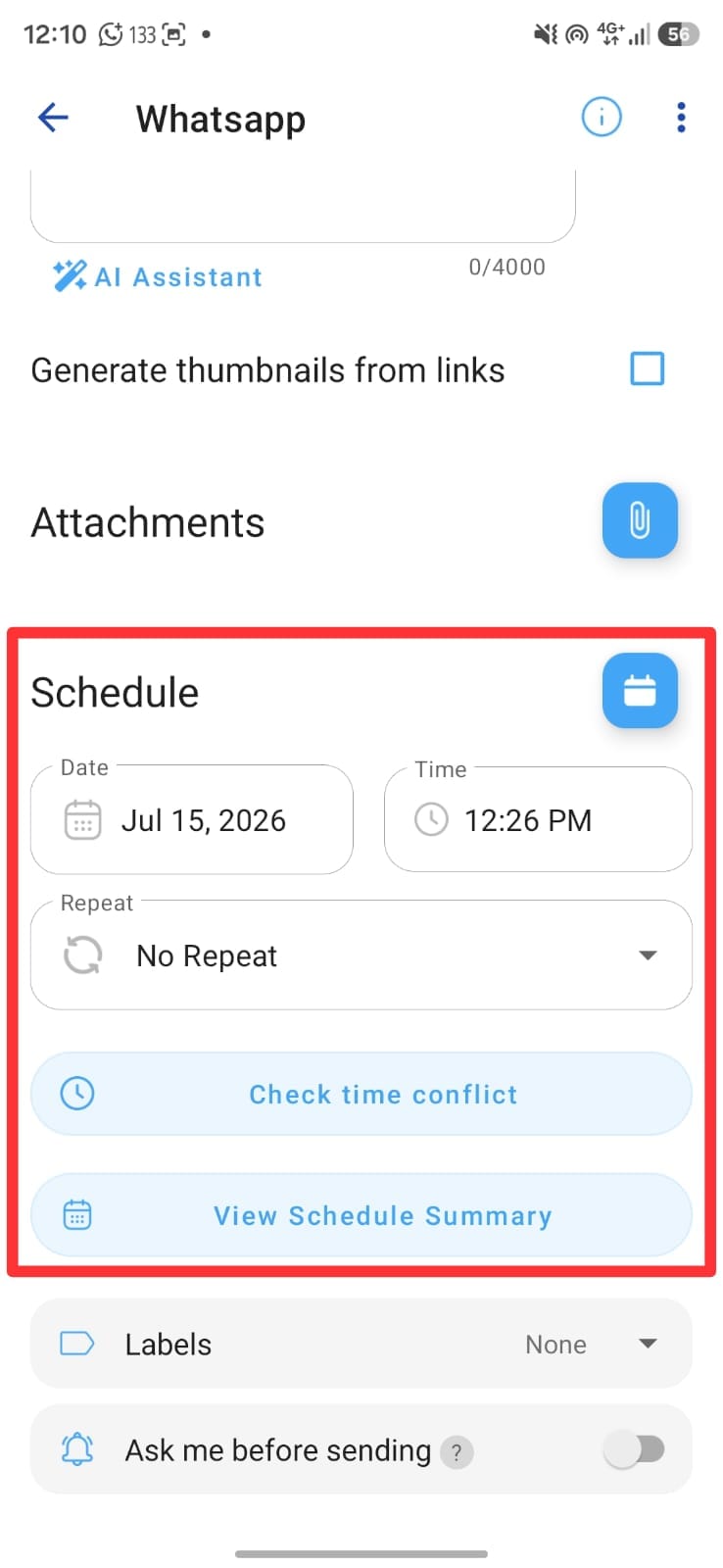 Schedule section showing the Date, Time, Repeat fields and the Ask me before sending option.