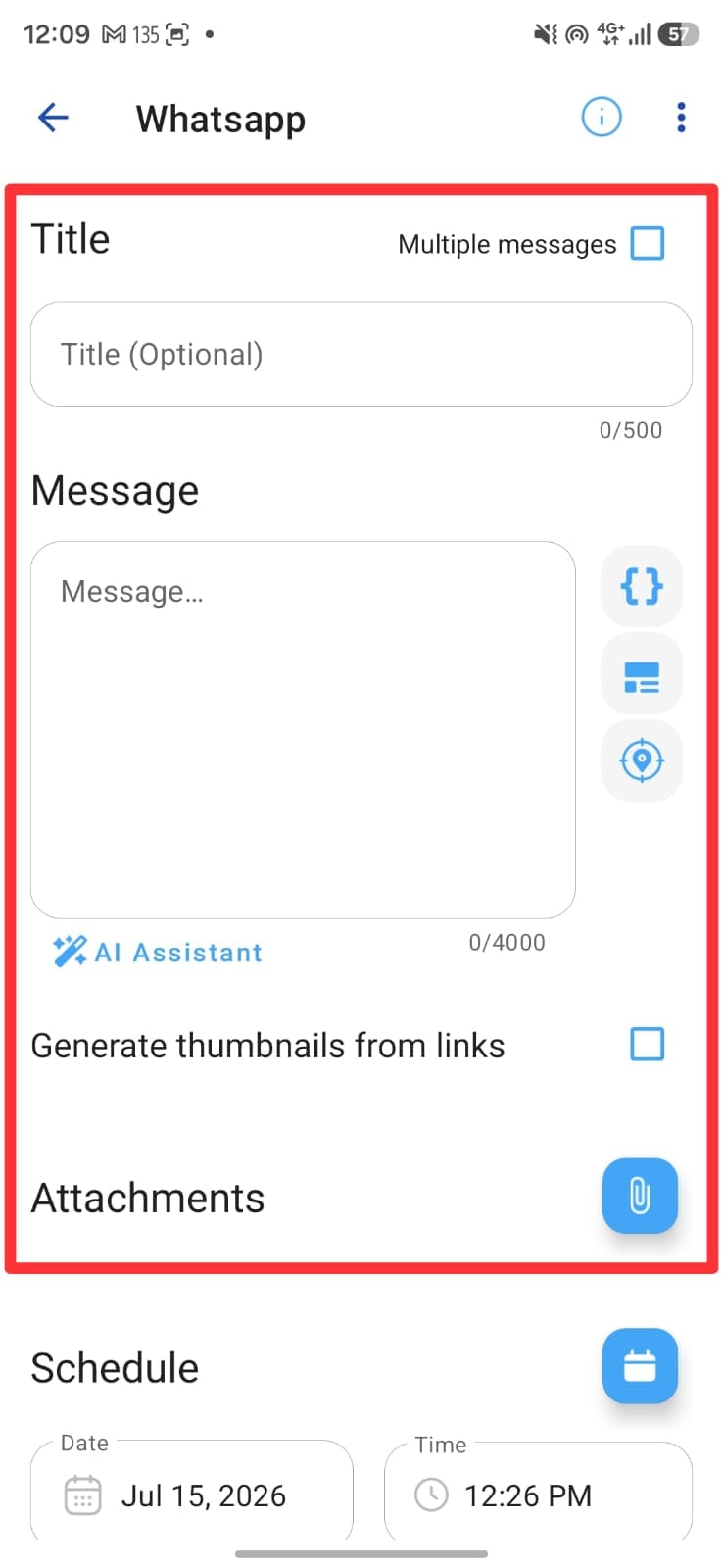 Scheduling screen showing the Title and Message fields.