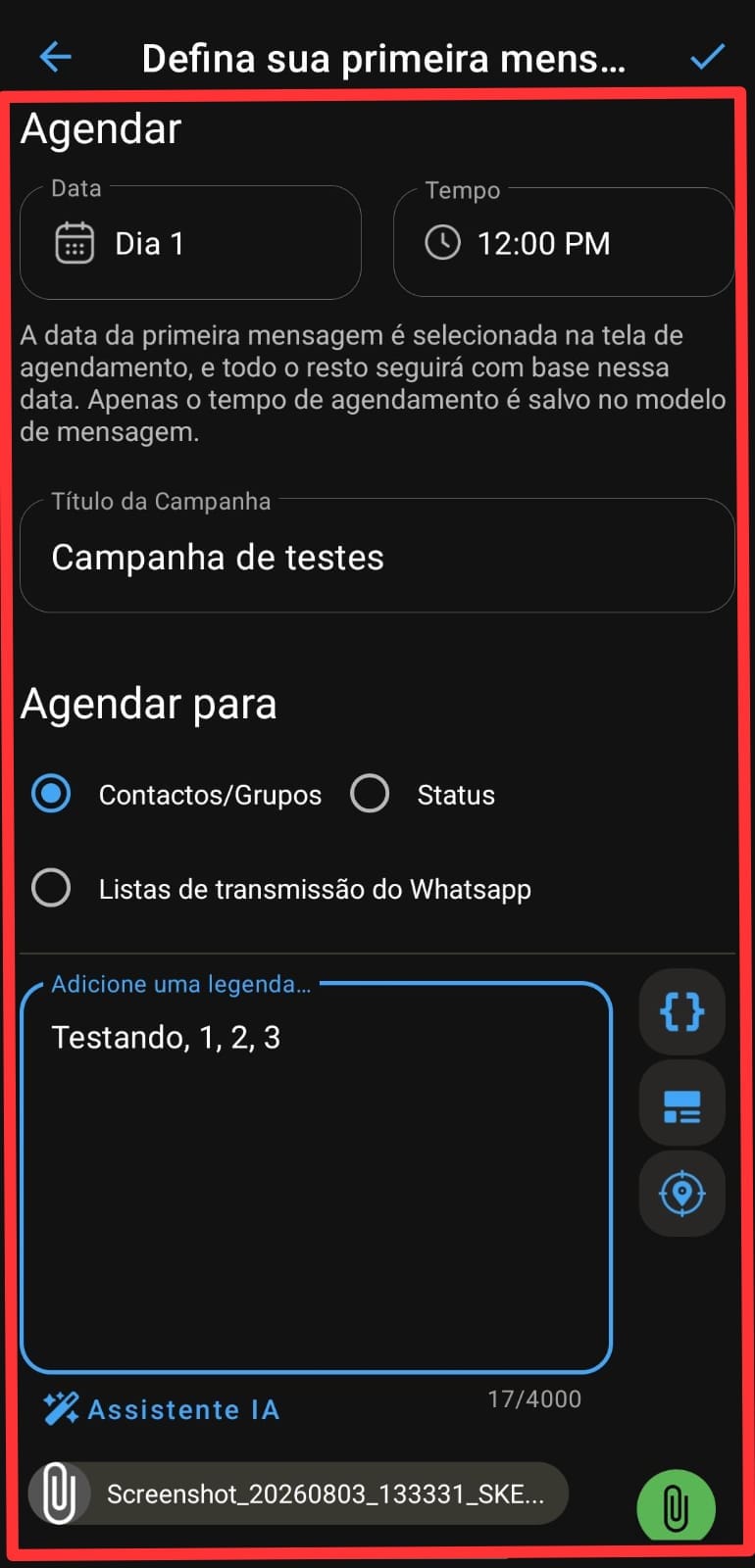 Defina Sua Primeira Mensagem — formulário completo de configuração
